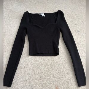 Princess Polly Black Ribbed Square-Neck Long Sleeve Crop Top